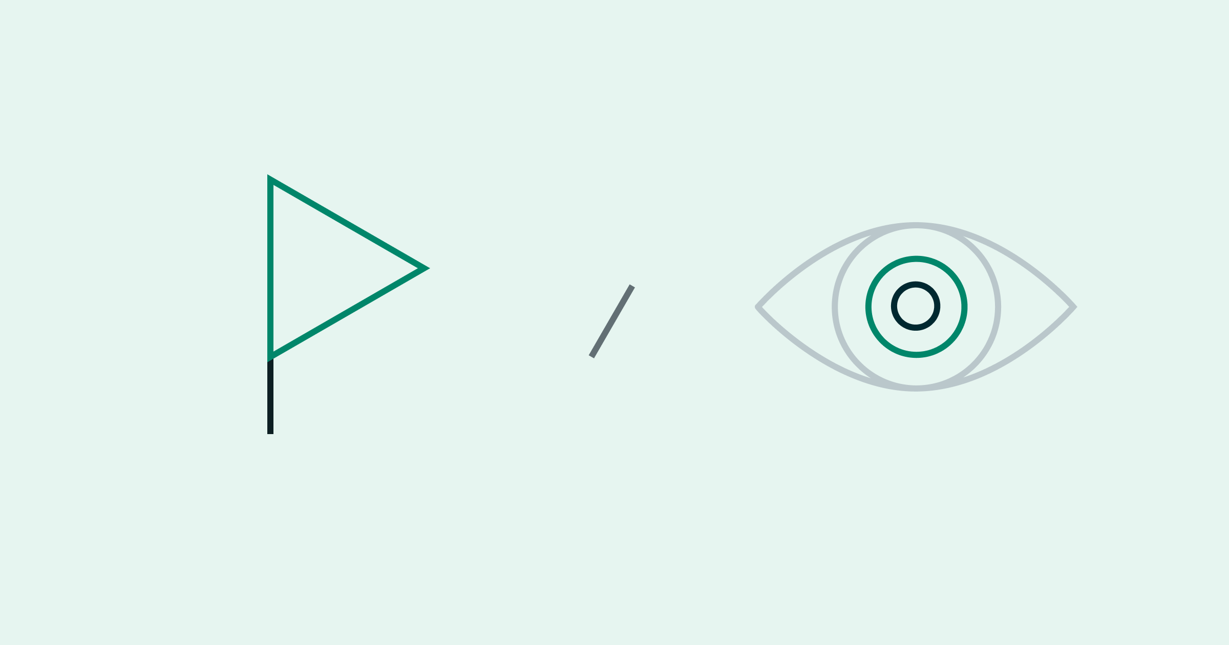 A green flag with hollow filling placed to the left of an outline of an eye, with the iris also outlined in green, all on a green background, to signal mission vs. vision